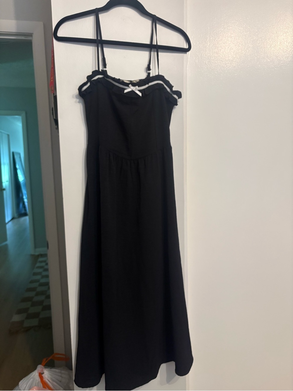 liberty Black Midi Dress with White Bow Trim